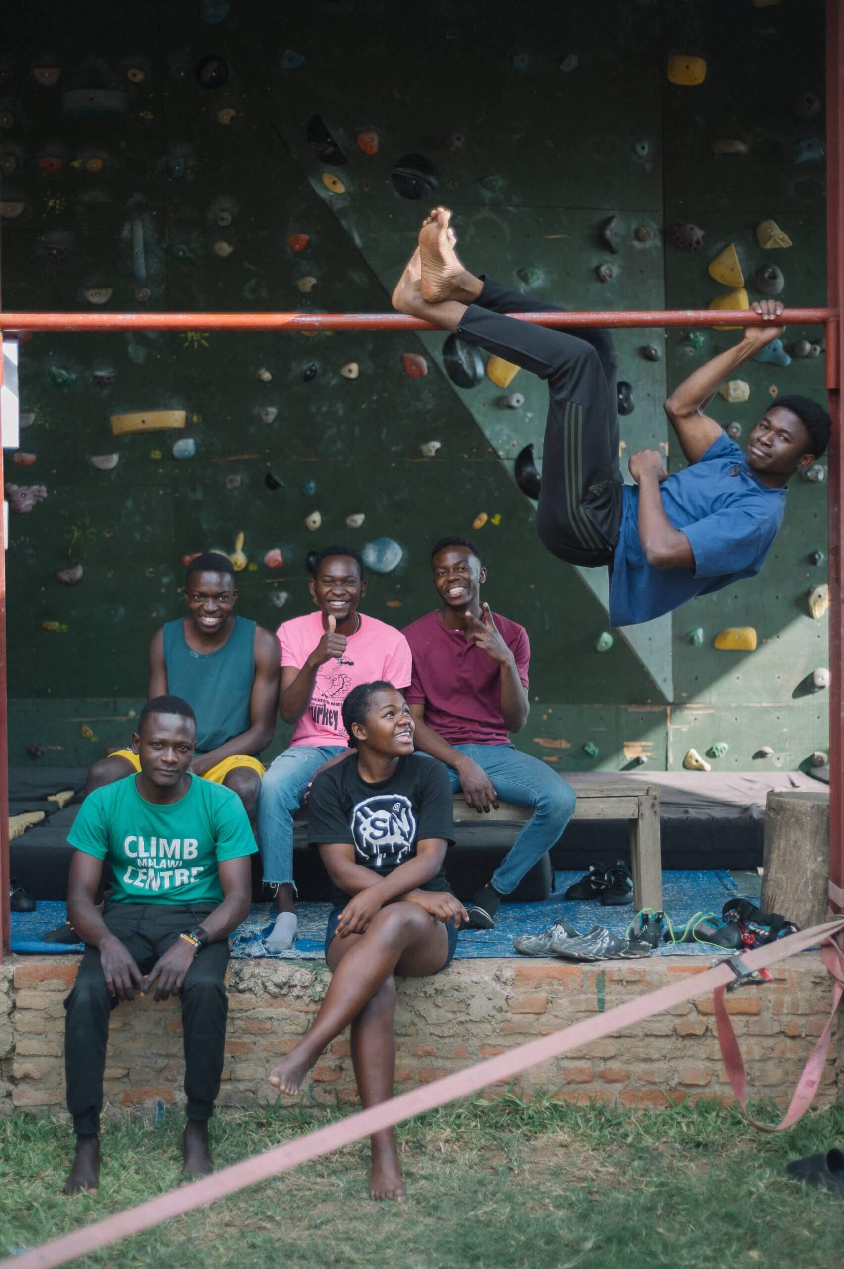 Shalom Maholo hanging with the other climbers at Climb Malawi.